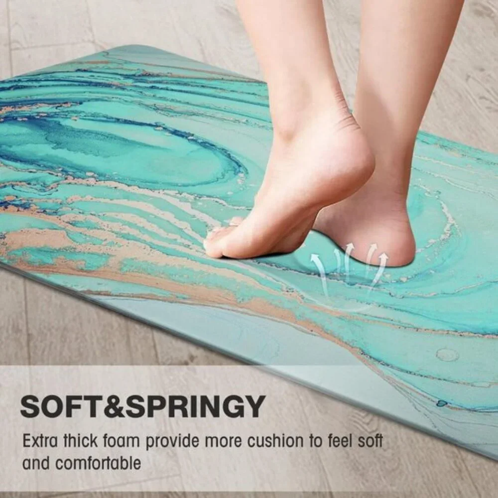 New Set of 2 Teal Marble Kitchen Mat, Anti-Fatigue, Non-Slip, Cushioned Foam
